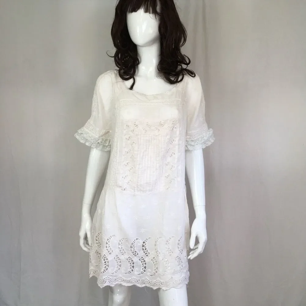 Free People Intimately White Short Sleeve Lace Mini Boho Cottagecore Dress M